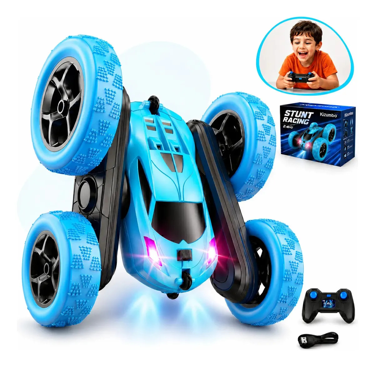 Carrinho De Controle Remoto 4x4 Pirueta Giro 360º Brinquedo Infantil Recarregável Maluco Com Luzes Kizumba Cor Azul