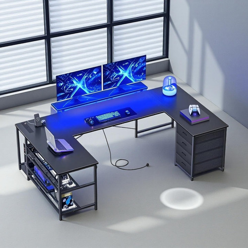 Escritorio Gamer Reversible Grande U Con Luz Led Y 4 Cajones Negro
