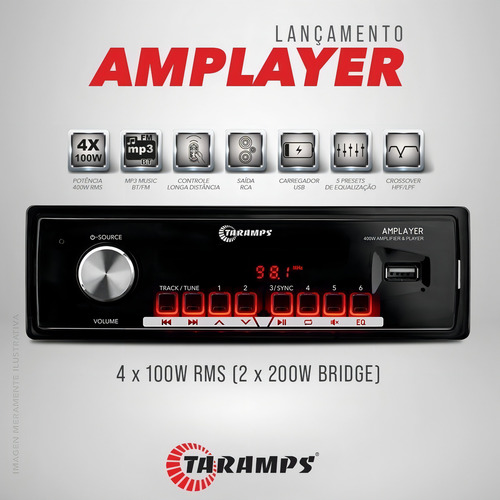 Reproductor de radio MP3 Taramps Amplayer Bluetooth USB, 4 x 100 W, 400 W