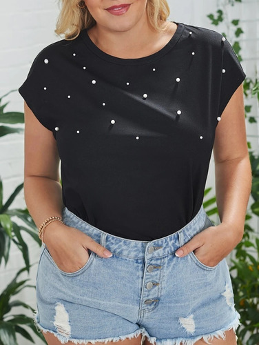 Blusa Negra Con Perlas En Contraste, Tallas Extras 2xl Y 3xl