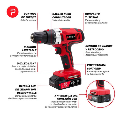 Imagen 5 de 10 de Taladro Atornillador Inalambrico Pektra 18v + Luz Usb