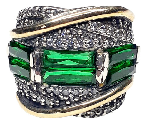 Anillo Plata 925 Y Oro Cubic Pave Verde Anp970 Italy Reina 