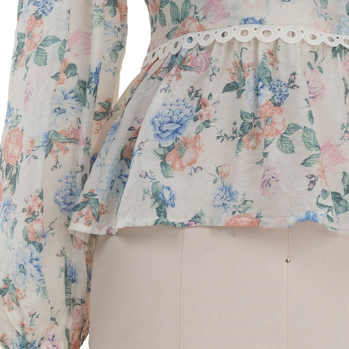 Imagen 5 de 7 de Blusa Vestir Floral Peplum Escote V Manga Larga Romantica.