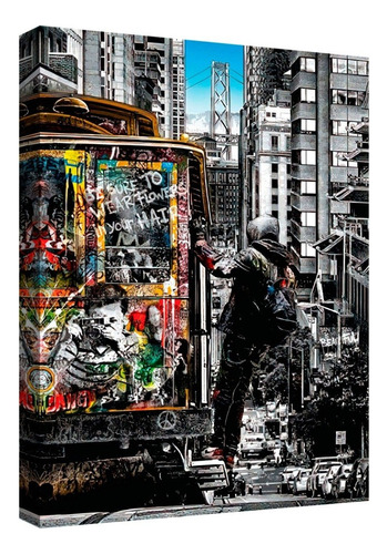  Cuadro Moderno Banksy Street Canvas Con Bastidor Color Natural Armazón Natural