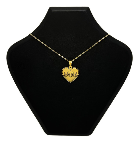 Cadena Y Dije Corazón Llamas Fuego Ardiente Oro 18k Oro 18k 40 Cm