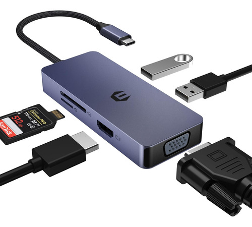 Hub Usb C Versatil Adaptador 6 1 Puerto Hdmi Vga 2 Lector Sd