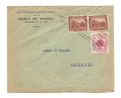 Sobre Banco De Bogotá 1934 Cúcuta Estampilla Buena Voluntad