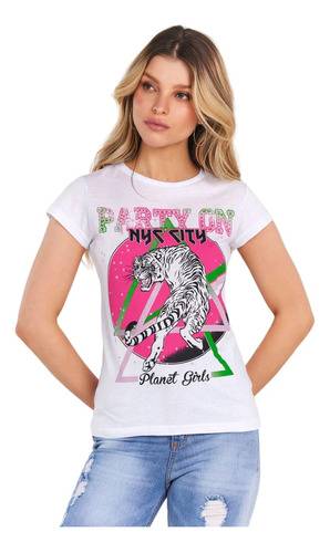 Blusa Branca Planet Girls Estampada Tigre New York Camisa