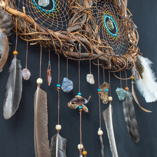 Atrapasueños Nature Rústico Madera Plumas Naturales Turquesa Collage De 3 Atrapsueños Tierra Con Turquesa