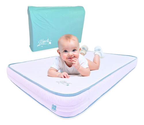 Colchón Para Cuna Corral Impermeable Bambú 145 X 95 X 10 Cm Blanco Y Celeste
