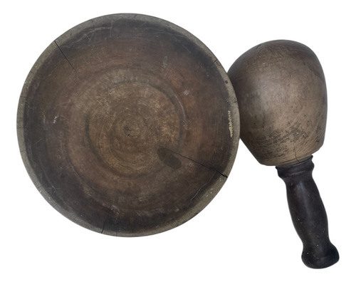 Mortero Más Mazo Antiguo Madera Maciza Y Cuero (Usado)