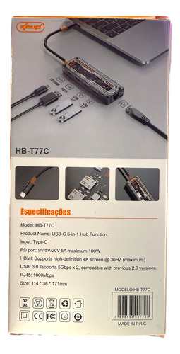 Adaptador Hub 5 En Usb C + 2 Usb 3.0 + Rj45 + Hdmi 4k Negro