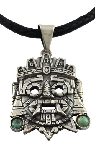 Dije De Tlaloc De Plata Ley 925 Con Aretes De Turquesa 