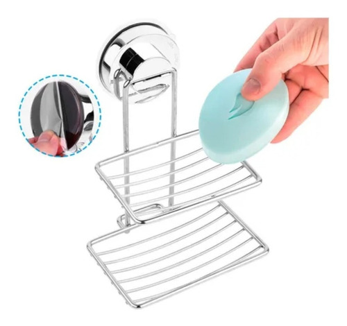 Jabonera Doble Con Ventosa Para Pared Baño Ducha Acero Inox