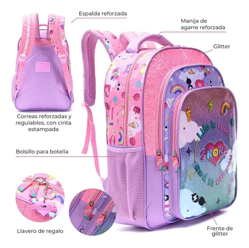 Mochila Skora Life Is Cool Escolar Infantil Rosa Con Brillos