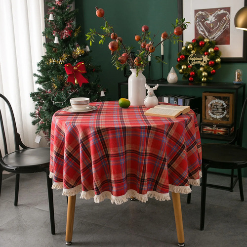 Mantel Navideño Redondo Con Rojo Y Verde