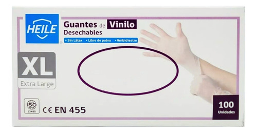 Guantes Vinilo Talla Xl Sin Polvo Marca Heile (100 Unidades)