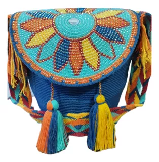 Mochila Wayuu Tapa Con Piedreria Únicolor Grande