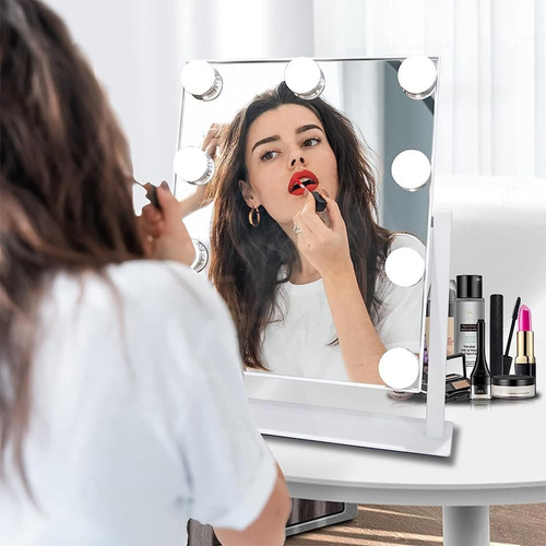 Espejo Con 9 Focos Led Para Maquillaje Tipo Hollywood Marco Blanco