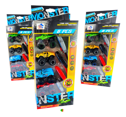 Pack 4 Autos Monster Con Lanzador Divertidos Set Autos Locos