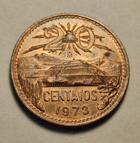 Moneda 20 Centavos Pirámide 1973, En Cobre