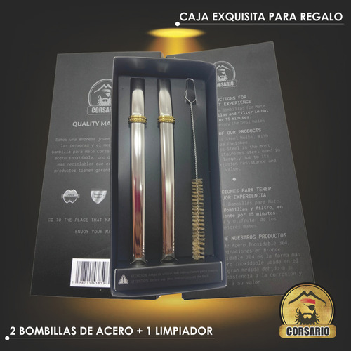 Bombilla Mate Chata Acero Inoxidable Plana Corsario- Set X2 Color Plateado