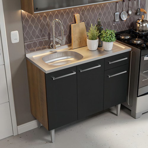 Armário Cozinha Compacta 165cm Com Pia Emilly Madesa 05 Rp Cor Rustic/Preto