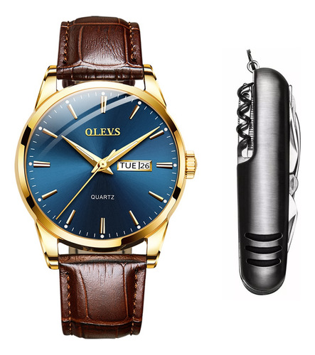 Relógio Masculino Dourado Casual Pulseira Luxo + Canivete Cor da correia Marrom Cor do fundo Azul