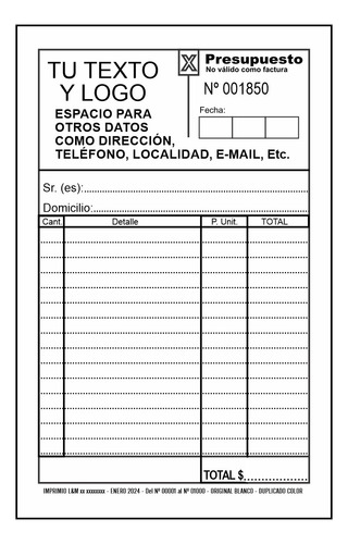 10 Talonarios Presupuestos Personalizados Duplicado Numerado
