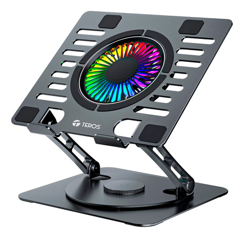 Soporte Aluminio Laptop Premium Teros Giratorio 360° Rgb Color Gris