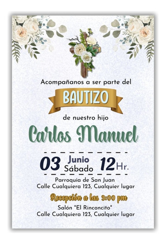 Invitación Bautizo Niño Imprimir Digital Flores Blanca Rosas