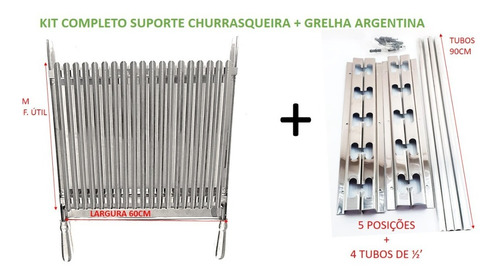 Grelha Argentina Inox 60cm + Suportes Churrasqueira Até 90cm