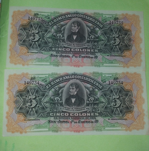 Dos Billetes 5 Banco Anglo Consecutivos Año 1900.