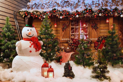 Painel De Festa Tecido Casa E Boneco De Neve Natal 2,2x1,5m