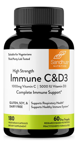 Sandhus Immune Vitamina C & D3 Vegetarian 180 Cpsulas Sabor Sin Sabor