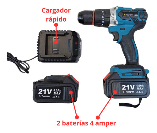 Taladro Atornillador 21v 13mm Sin Escobillas 2baterías 4amp
