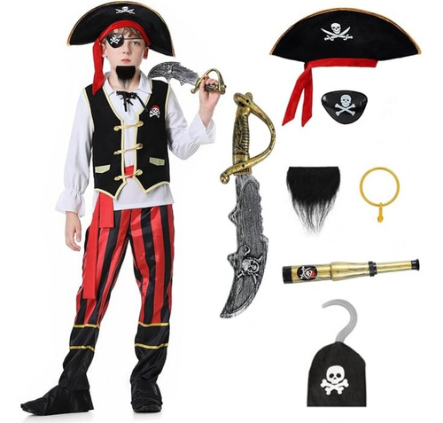 Disfraz Capitán Pirata Jack Caribe Sombrero Gancho Espada Juego De 7 Piezas Cosplay