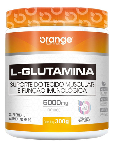 Glutamina 300g Orange Nutrition - L Glutamina Em Pó Sabor 300g Pura Sem Sabor