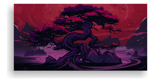 100x50cm Lienzo Armonía Árbol Bonsái Pino En Tonos Morado