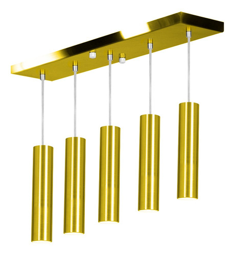 Pendente Quintuplo Tubo Cilindro Dourado 40cm + Led 6k