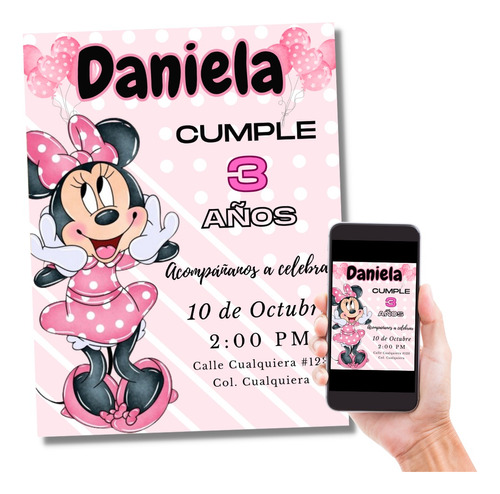 Invitación Digital Minnie Mouse Mimi Cumpleaños Fiesta