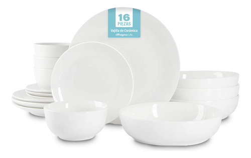 Magma Life Vajilla para 4 Personas de Ceramica/Porcelana, 16 Pzs 8 Platos Extendidos en 2 Tamaños, 4 Platos Hondos, 4 Tazones. Resistente a Altas Temperaturas, para Lavavajillas y Microondas (Blanco)