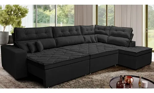 Sofá De Canto Dir 3,40x2,36m Cama Inbox Espanha. Velusoft Cor Preto