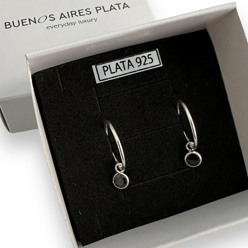 Aros Argollas Plata 925 Dije Piedra Cubic Círculo Negro