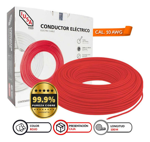 Cable Eléctrico Iusa Thw-10 Cal10 Awg Cobre 100m Color Rojo