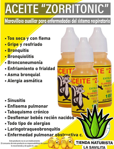 Aceite De Zorrillo Para Cuerpo Asma Gripa Sinusitis Tos Bron