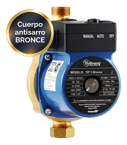 Imagen 1 de 12 de Bomba Presurizadora Elevadora Motorarg Tip 1 Bronce 2 Baños