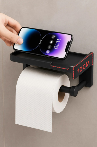 Suporte Papel Higiênico Com Prateleira Para Celular E Lenço Preto