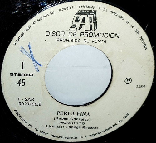 Single 45 Monguito- Perla Fina + Miren Que Suerte 1984 Salsa