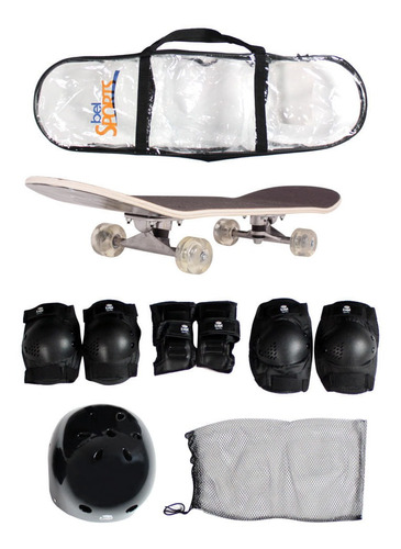 Skate + Kit Proteção Joelheiras Luvas Cotoveleira E Capacete